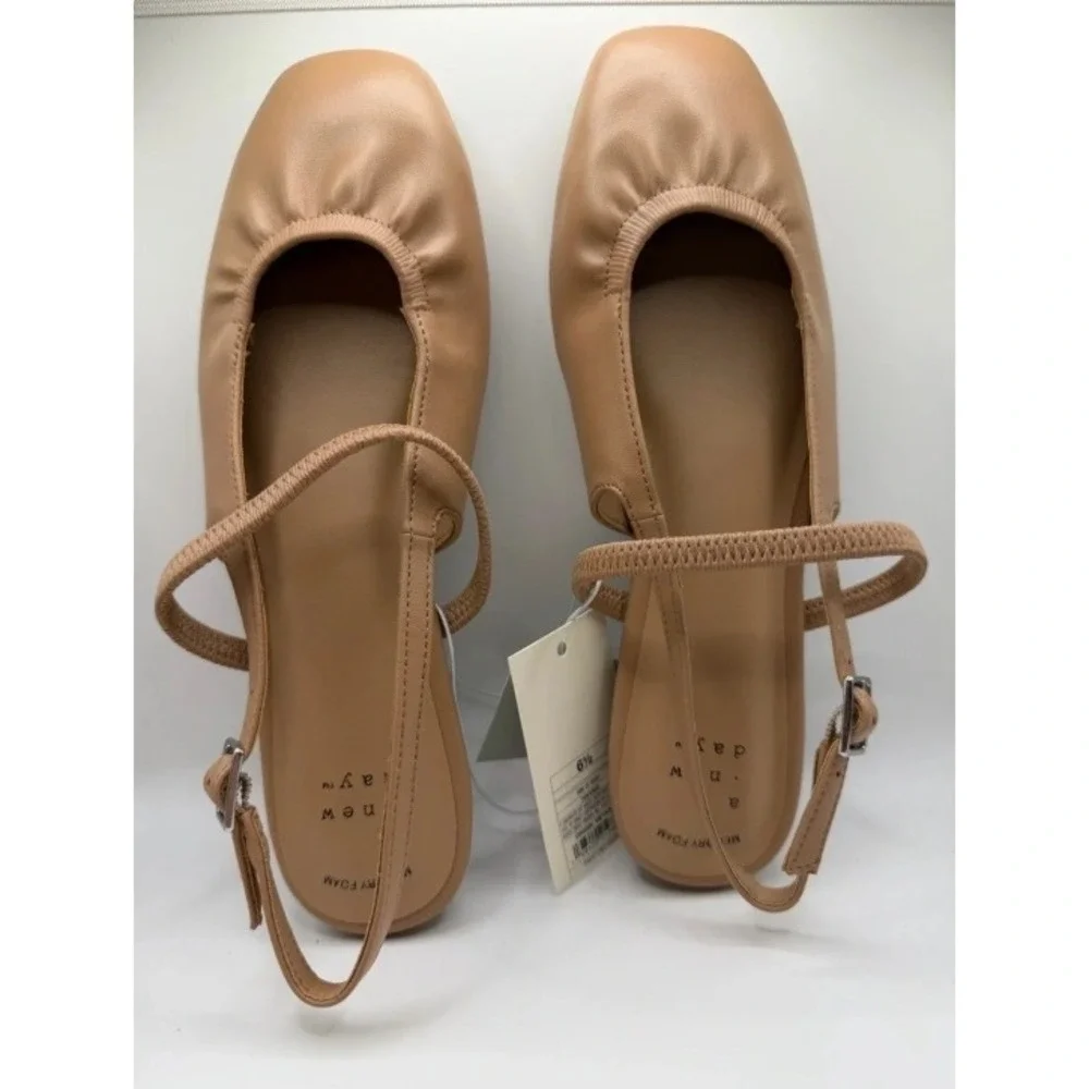 A New Day Vada Tan Square Toe Slingback Mary Jane Ballet Flats Memory Foam 6.5